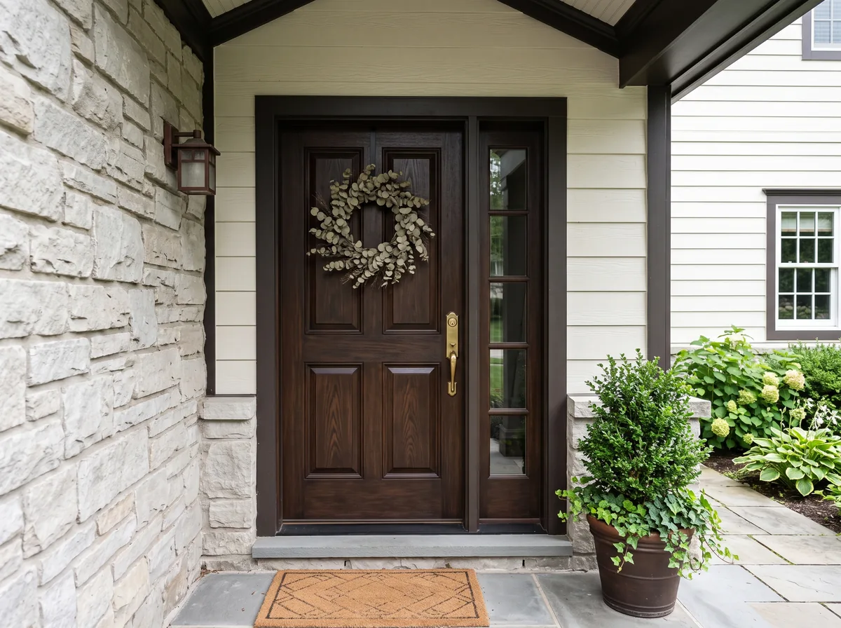 Dark espresso brown entry door with sidelights on a stone and siding exterior
