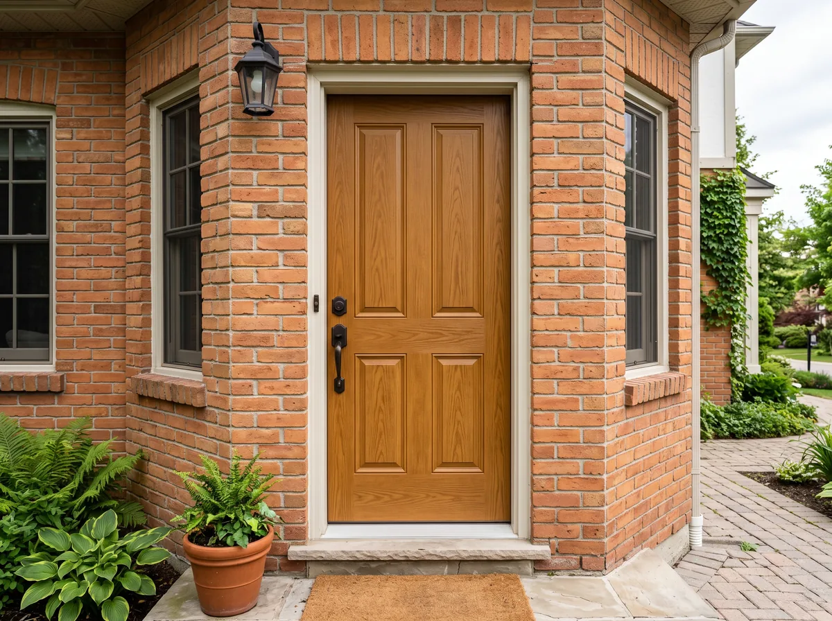 Warm honey brown fiberglass front door on a brick GTA home exterior in daylight
