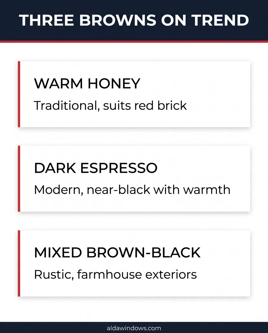 Infographic comparing warm honey, dark espresso and mixed brown-black front door finishes
