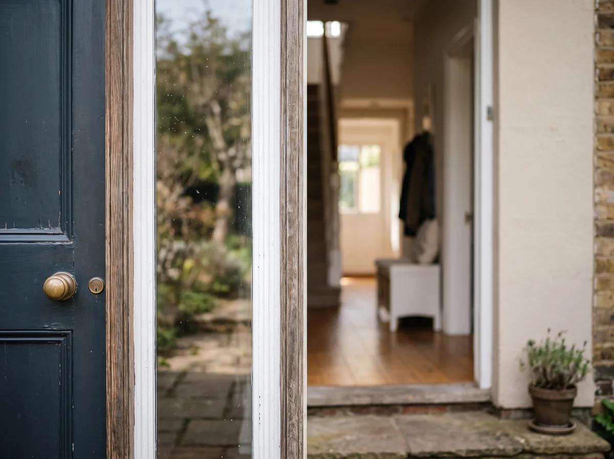 Narrow clear glass side window beside a front door showing a sliver view into a front hallway, illustrating side window privacy