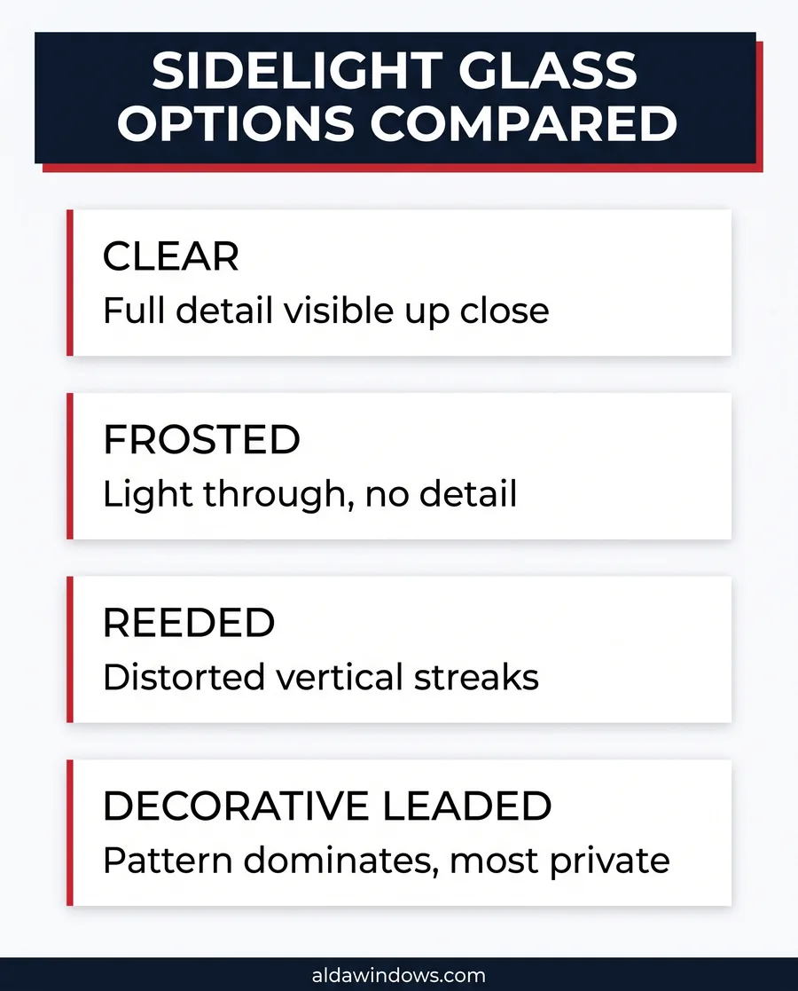 Infographic comparing clear, frosted, reeded and decorative sidelight glass options