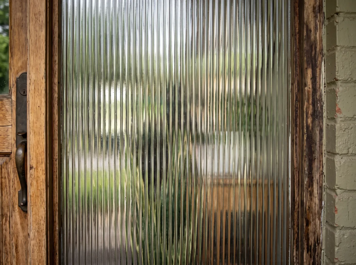 Reeded textured glass side window beside a front door distorting the view from outside, a common side window privacy upgrade